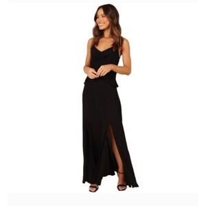 Lovestitch Tanya Maxi Dress Large Black Slit Strappy Beaded Empire Witchy Goth
